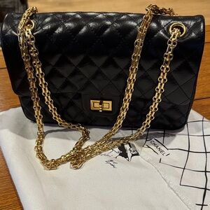 Black Quilted Shoulder Bag with Gold Chain